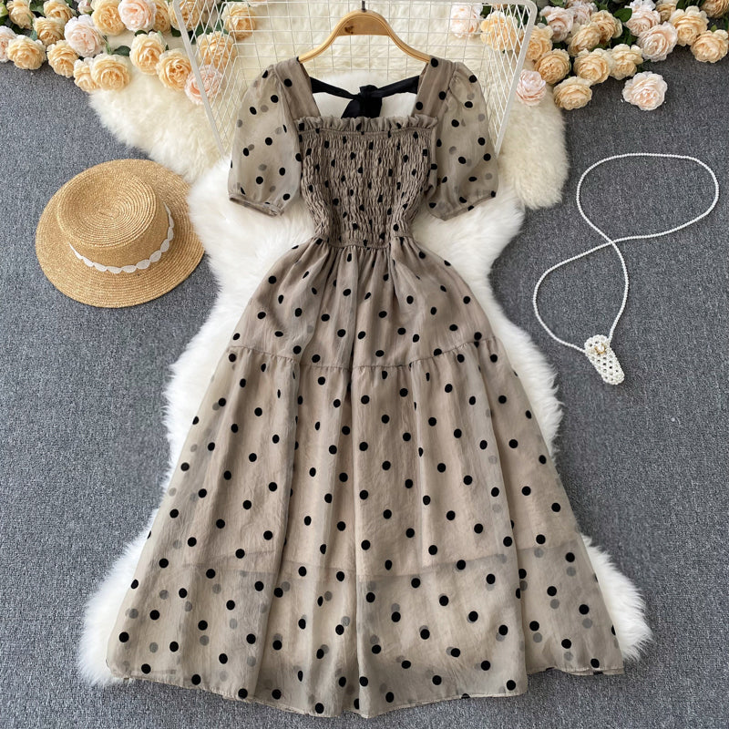 Vintage Square Neck Polka Dot Puff Sleeve Dress     S4458