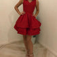 Short Red Satin V-neck Tiered Dress       S2987