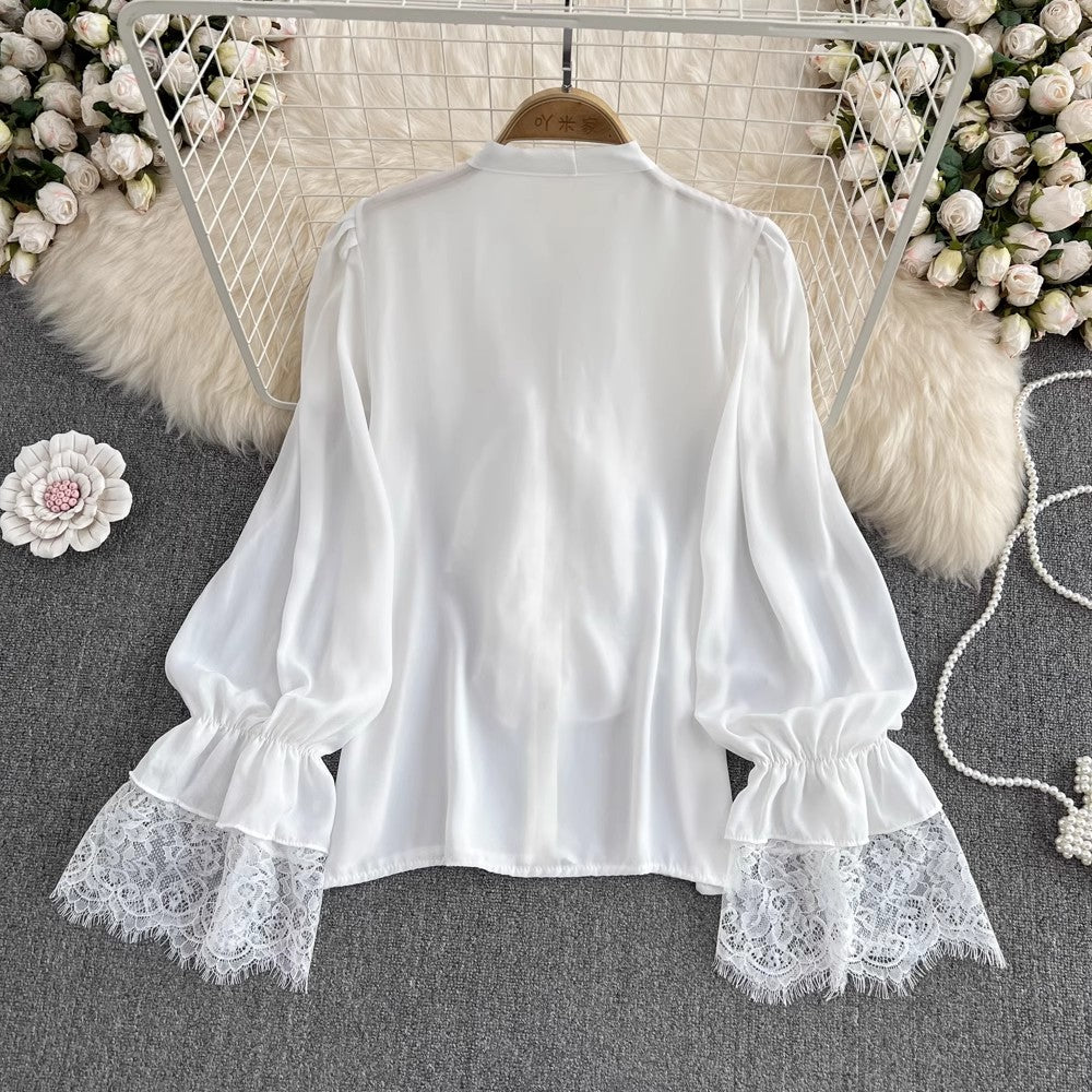 Lace Bell Sleeves Bow Tie Shirt Women's Fashionable Top     S4088