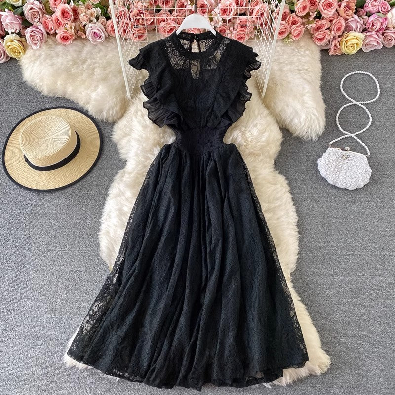 Lace Round Neck Dress, Long Sleeve Fashionable Elegant Ruffled Long Skirt      S3984