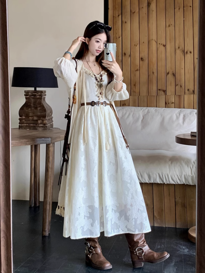 Fairy travel outfit V-neck suspender embroidered long skirt tassel sunscreen cardigan two-piece suit R1728