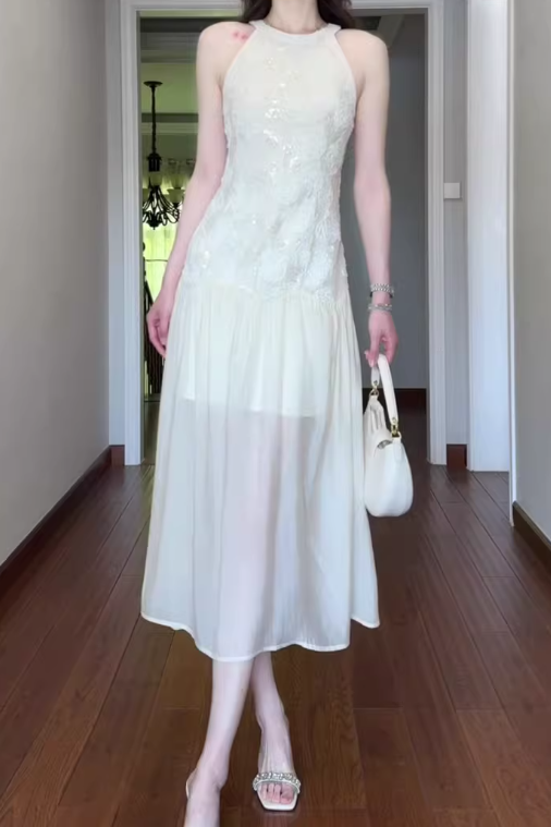 Jacquard sleeveless halter dress cool and gentle temperament waist A-line long skirt R0857