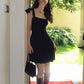 Black suspenders with waist slimming A-line short skirt homecoming dress R3159