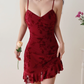 French retro wine red floral sling dress mesh hip skirt R2854