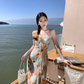 Retro floral suspender dress, beautiful temperament beach dress R0602