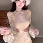 Pure desire style lace splicing V-neck trumpet sleeve dress 2025 waist hip skirt R1010
