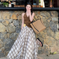 Fairy temperament outfit a complete set of halter neck small vest plaid large swing skirt two-piece suit R1705