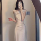 French style high-end sway collar off-shoulder dress waist-hugging hip acetate satin banquet dress R0426