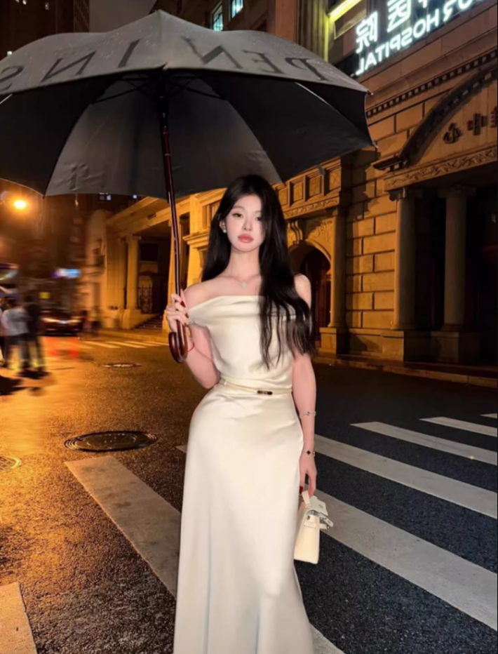 French style swing collar off-shoulder dress 2025 temperament satin fishtail high-end skirt R1479