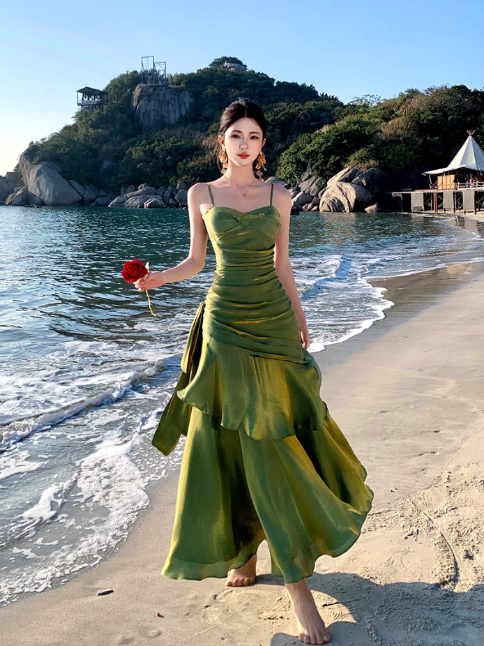 Fairy mermaid dress ruffled high-grade temperament red dress R1716