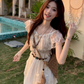 French fairy temperament holiday v-neck suspender dress lace blouse two-piece outfit R1735