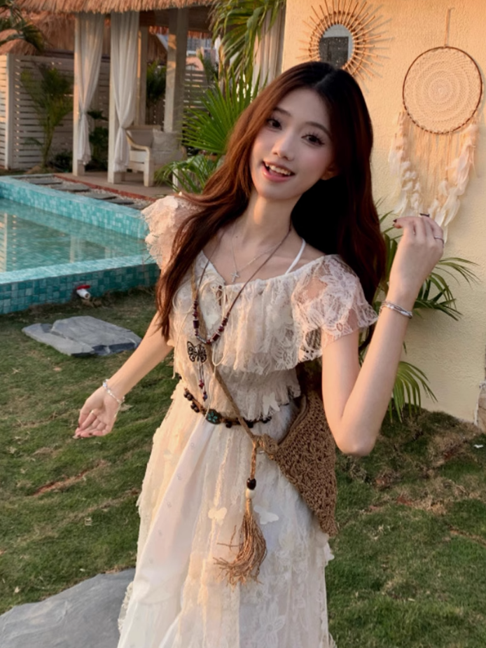 French fairy temperament holiday v-neck suspender dress lace blouse two-piece outfit R1735