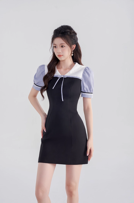 College style black dress women's summer puff sleeve short skirt new high waist splicing skirt R4461