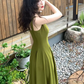 Retro red suspender dress with elegant waist and square neck, gentle A-line long skirt R1431