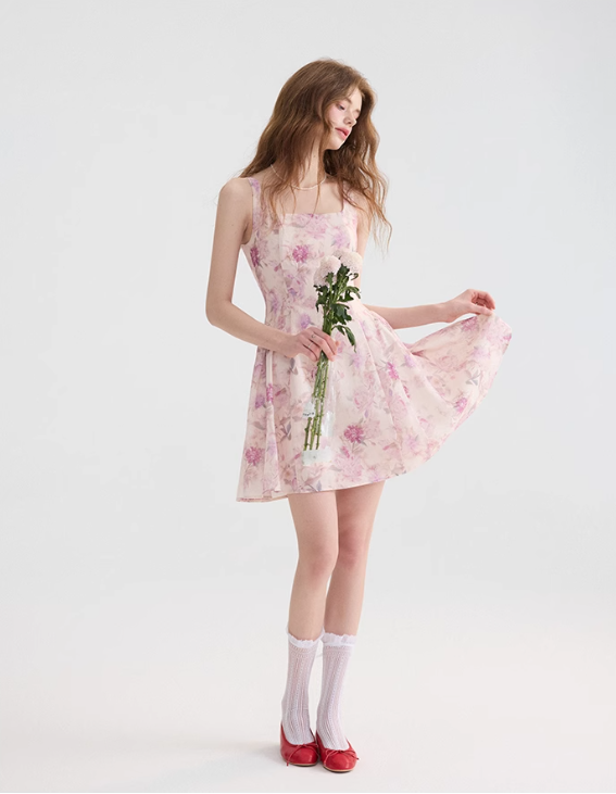 Floral suspender skirt outfit with waist-pinching dress pink short skirt for women in summer R3458