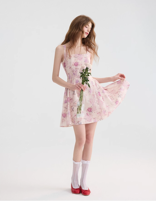 Floral suspender skirt outfit with waist-pinching dress pink short skirt for women in summer R3458