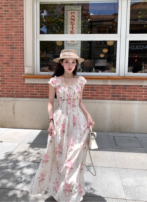 Long waist square neck printed suspender dress for women summer French temperament skirt R4745