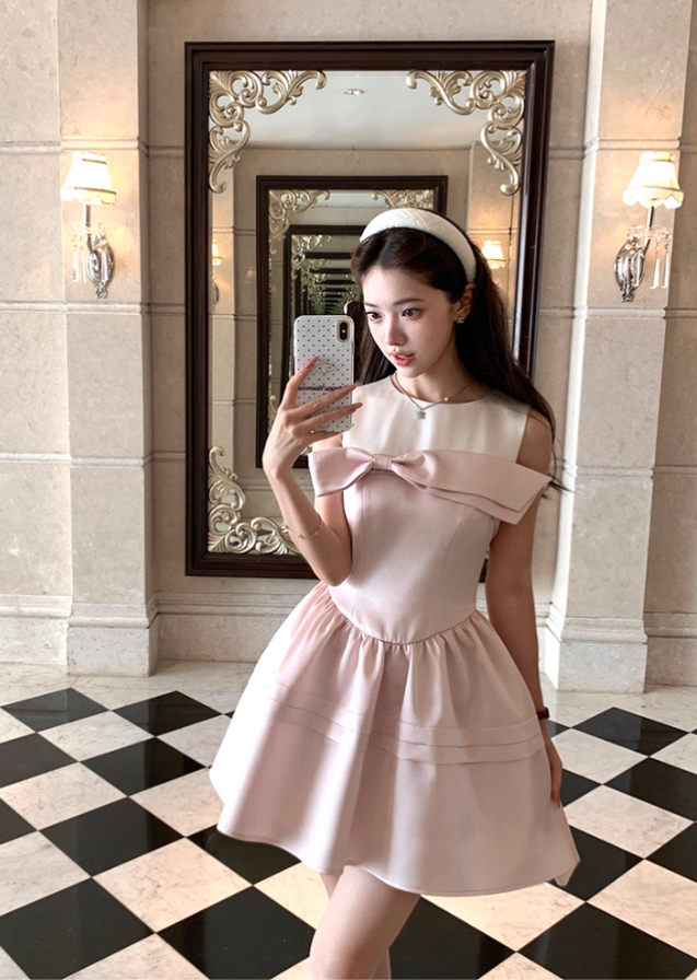 Pink waist satin sleeveless suspender dress women's summer French style skirt R4660