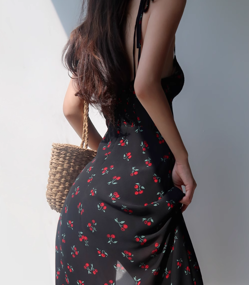 European and American cherry floral suspender dress sexy waist side slit long skirt R2808
