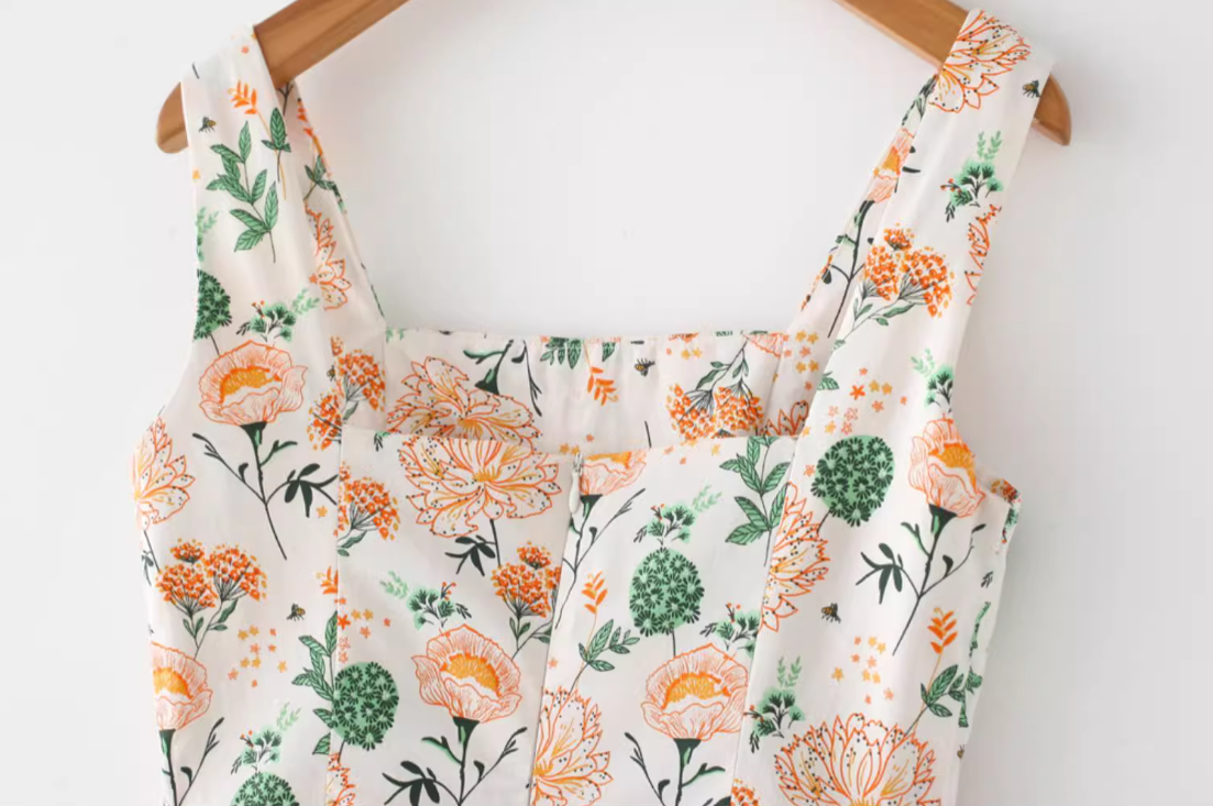 French retro floral big flower slimming waist cinching strapless dress new R2877