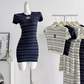 Round neck striped knitted dress for women 2025 summer small fragrance style medium long skirt R0288