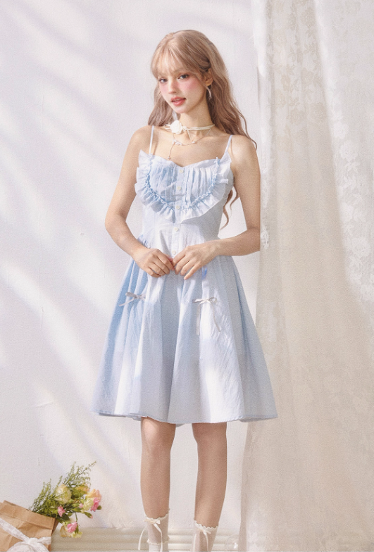 Fresh blue accordion pleated ruffled waisted suspender dress R5250