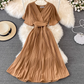 2025 new V-neck short-sleeved dress slim fit temperament waist tie big swing pleated long skirt R0345