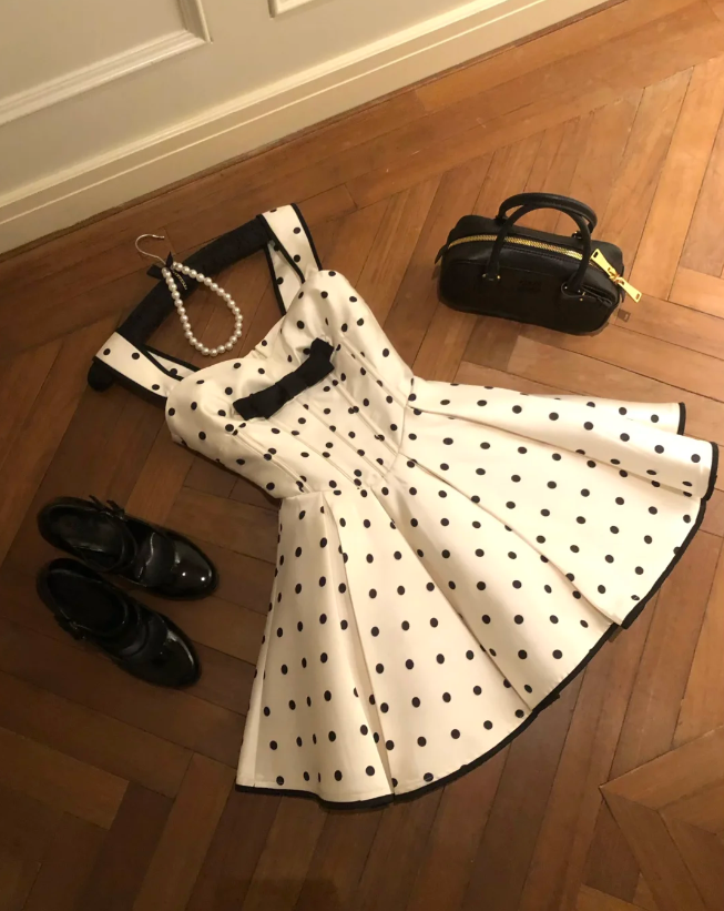 White polka dot suspenders waist slimming A-line pleated skirt short skirt homecoming dress R4156