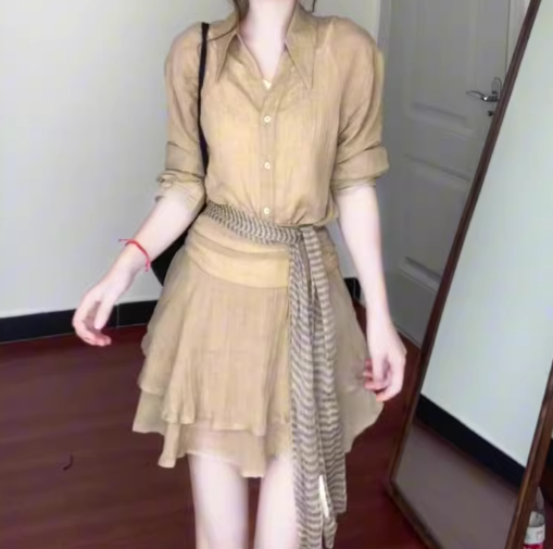 Retro gentle temperament good-looking V-neck long-sleeved shirt A-line skirt two-piece suit R0856