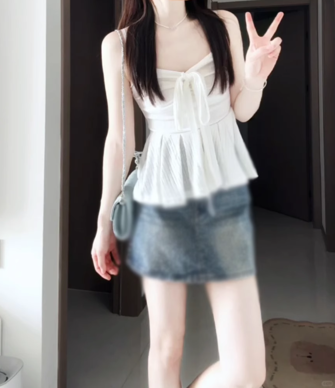 Gentle temperament white cardigan camisole vest denim shorts three-piece set R0888