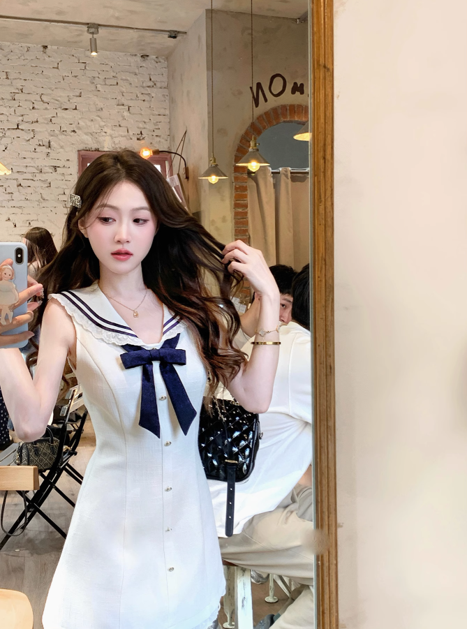 French navy collar dress summer sweet college style age-reducing sleeveless dress R3829
