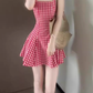 Retro red plaid suspender dress gentle temperament waist A-line short skirt R0791