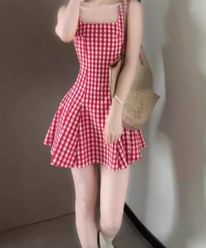 Retro red plaid suspender dress gentle temperament waist A-line short skirt R0791