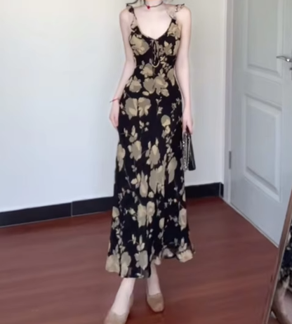 Retro floral suspender dress gentle temperament waist slim hip skirt R0649