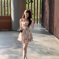 Butterfly print neckline waist A-line suspender dress summer French temperament slim skirt R5027