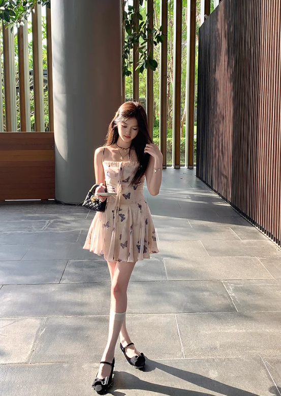 Butterfly print neckline waist A-line suspender dress summer French temperament slim skirt R5027
