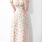 2025 Summer New French Square Neck Puff Sleeve Mid-Length Floral Waist Dress R0928