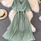 2025 new V-neck short-sleeved dress slim fit temperament waist tie big swing pleated long skirt R0345