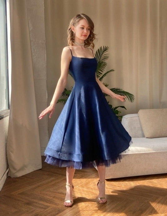 Dark blue suspender waist slim A-line long skirt homecoming dress R3965