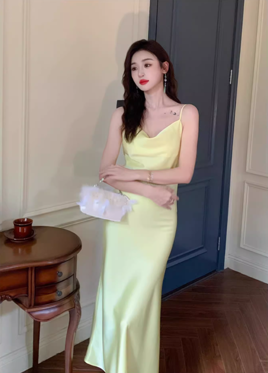 High-grade silk suspender dress 2025 new women's slim fit base acetate vest long skirt R0996