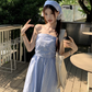 Fairy romantic French blue plaid long skirt tube top temperament design sling dress R1701