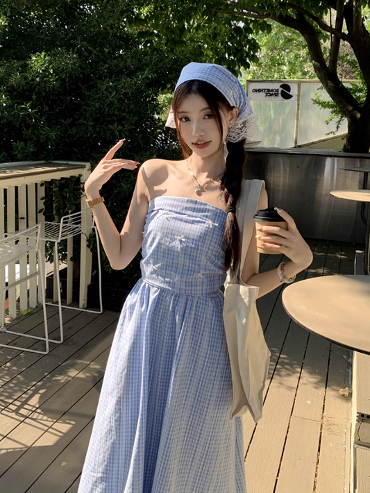 Fairy romantic French blue plaid long skirt tube top temperament design sling dress R1701