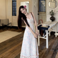 Fairy layered halter neck floral long skirt hollow lace waist temperament suspender dress R1726
