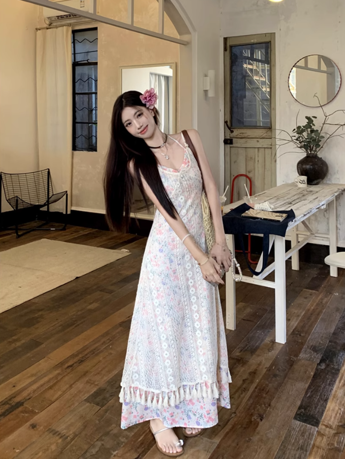 Fairy layered halter neck floral long skirt hollow lace waist temperament suspender dress R1726