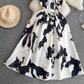 Temperament vest long skirt light luxury round neck waist sleeveless a-line print big swing dress R0398