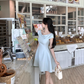 Light blue bow dress with short sleeves, slim waist and elegant short skirt R4419