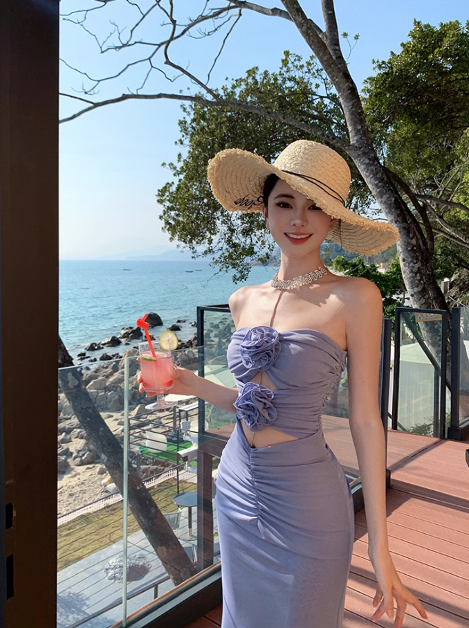 French holiday style purple flower hollow design tube top dress female seaside holiday sexy long dress R0305