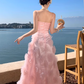 Pink flower suspender dress gentle temperament beautiful dress R0800