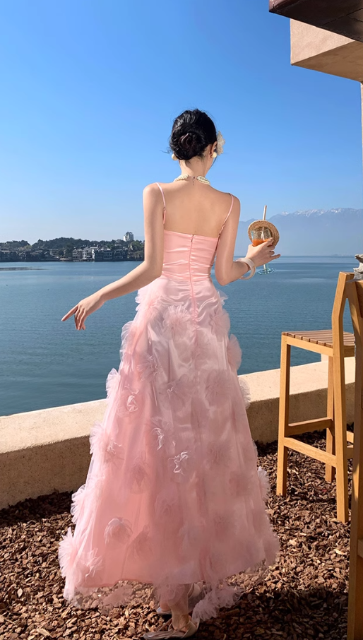 Pink flower suspender dress gentle temperament beautiful dress R0800