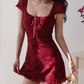 French pure desire style red printed shoulder-length skirt sexy waist slimming dress R2810